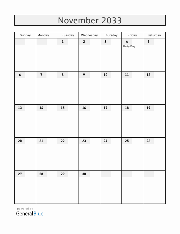 Russia November 2033 Calendar with Holidays