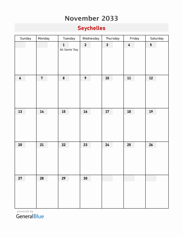 Seychelles November 2033 Calendar with Holidays