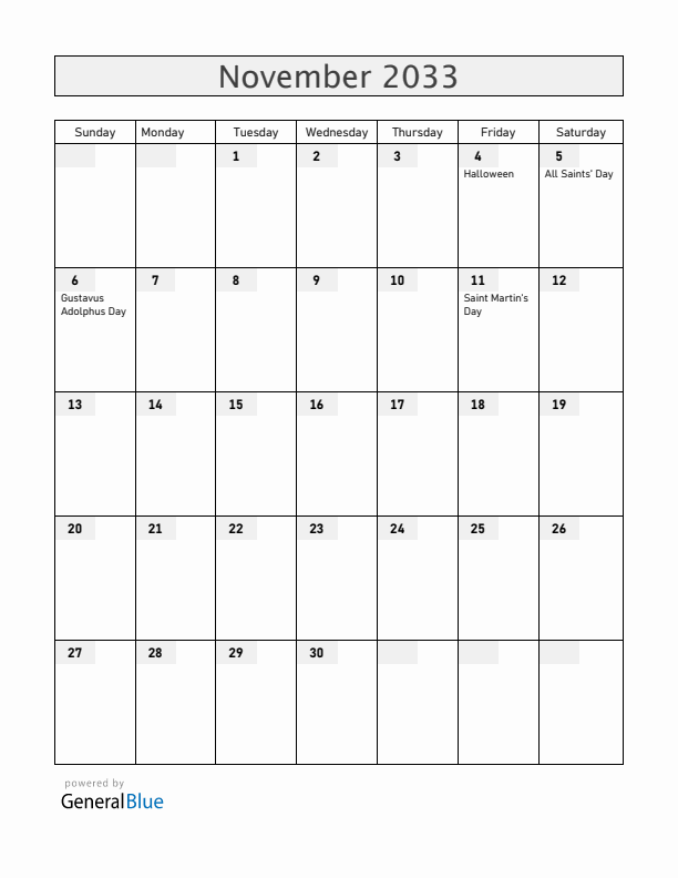 Sweden November 2033 Calendar with Holidays