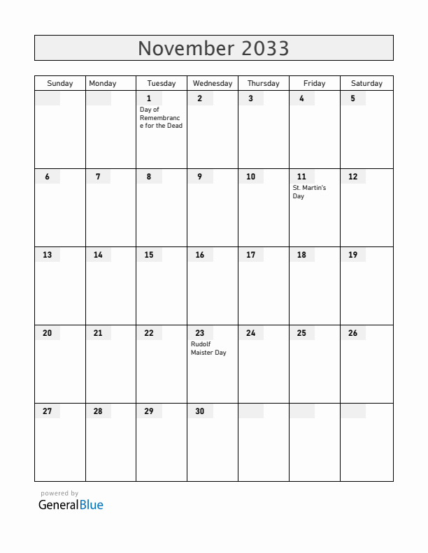 Slovenia November 2033 Calendar with Holidays