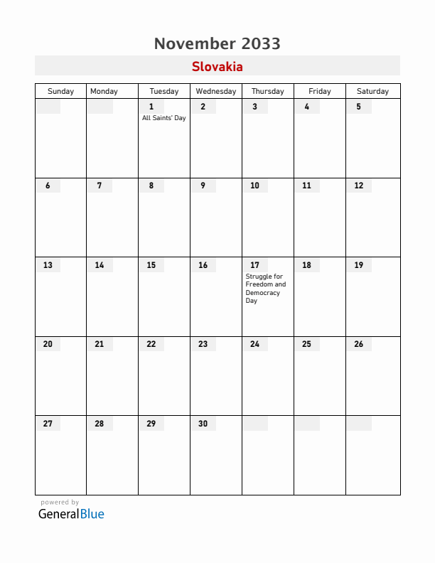 Slovakia November 2033 Calendar with Holidays