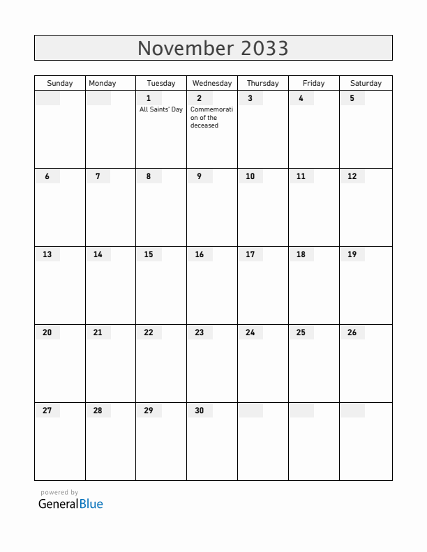 San Marino November 2033 Calendar with Holidays