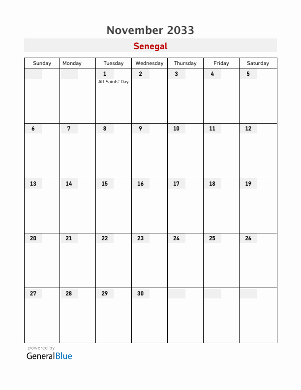 Senegal November 2033 Calendar with Holidays