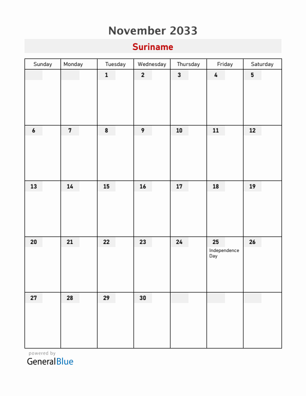 Suriname November 2033 Calendar with Holidays