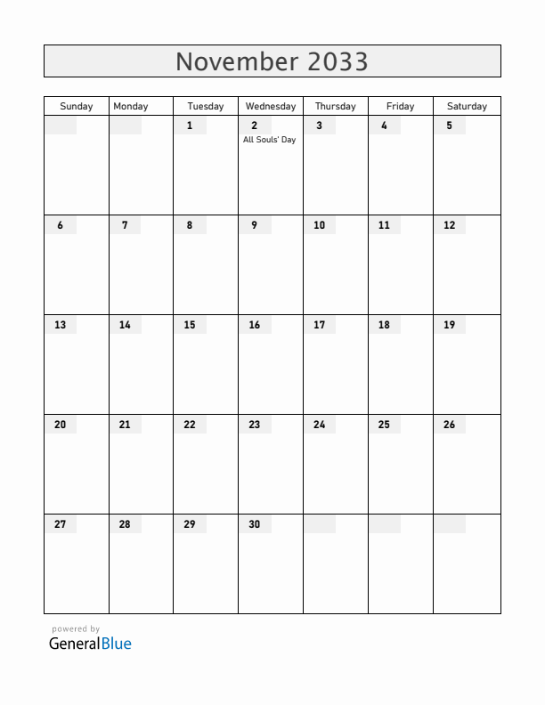 El Salvador November 2033 Calendar with Holidays
