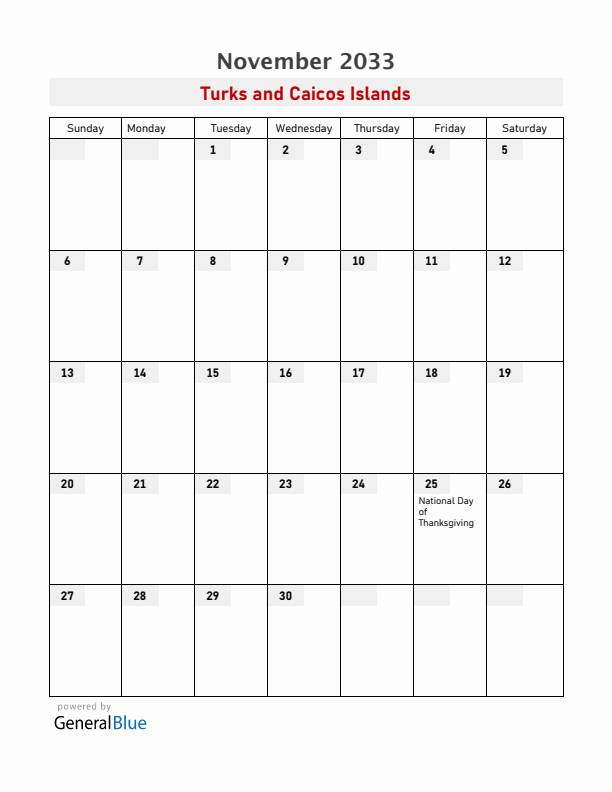 Turks and Caicos Islands November 2033 Calendar with Holidays