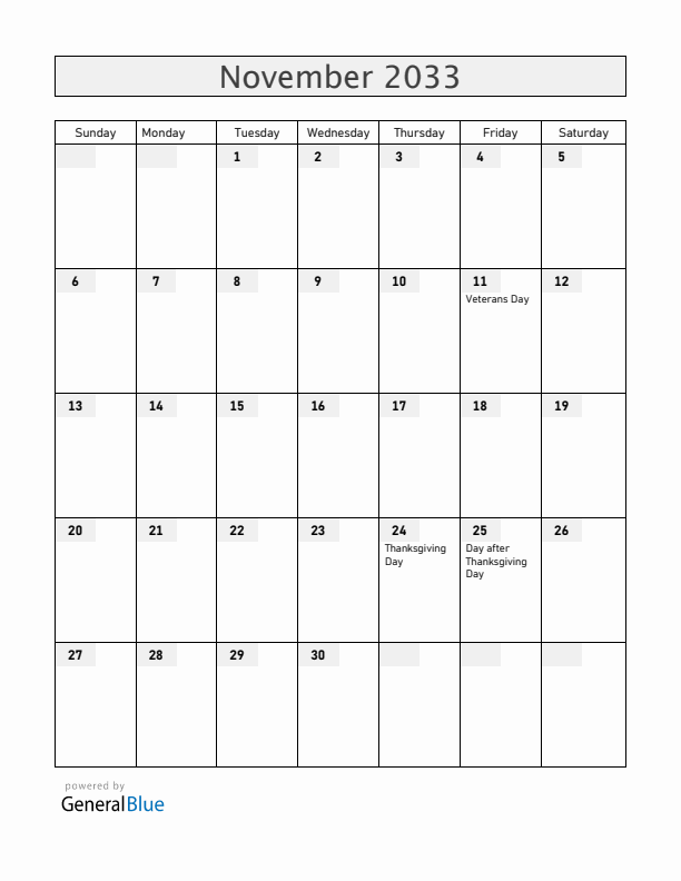 United States November 2033 Calendar with Holidays