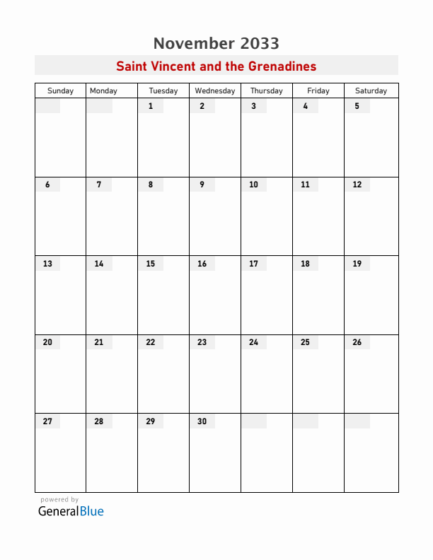 Saint Vincent and the Grenadines November 2033 Calendar with Holidays