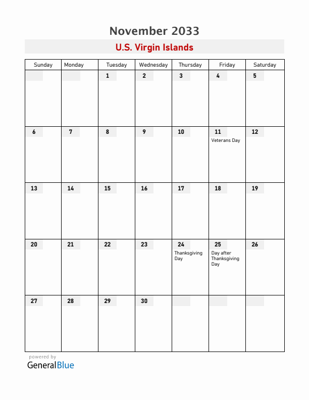 U.S. Virgin Islands November 2033 Calendar with Holidays