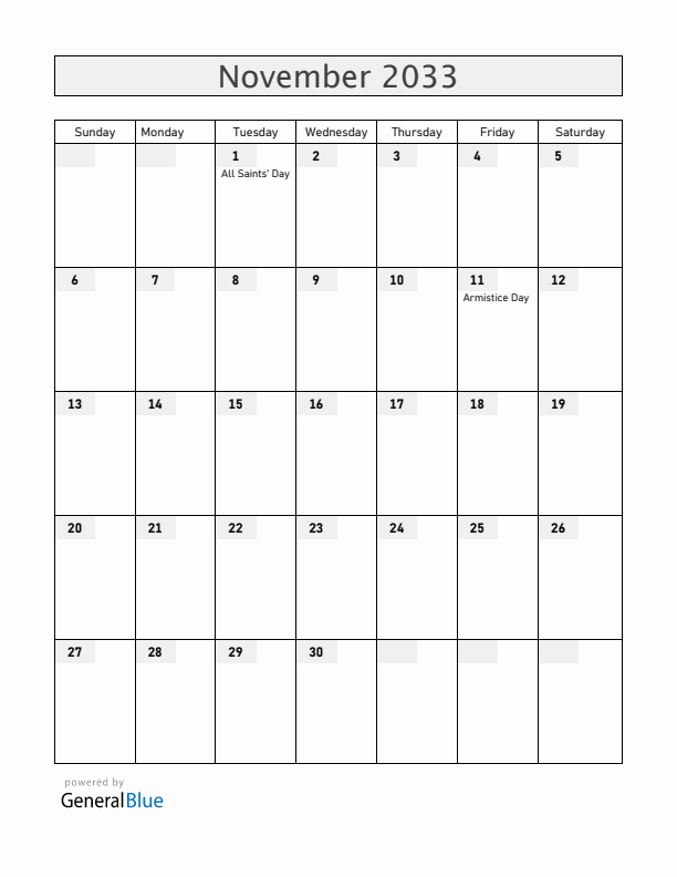 Mayotte November 2033 Calendar with Holidays