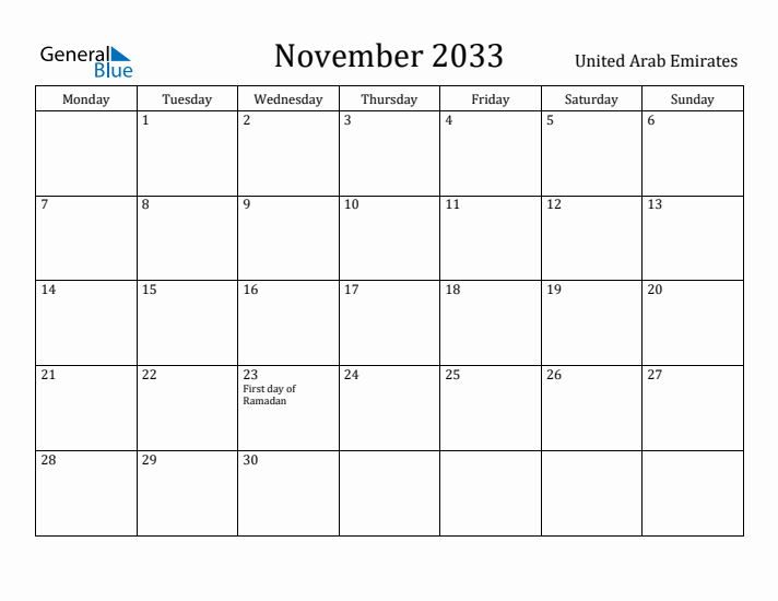 November 2033 Calendar United Arab Emirates