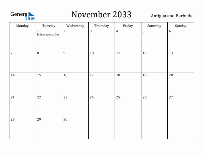 November 2033 Calendar Antigua and Barbuda