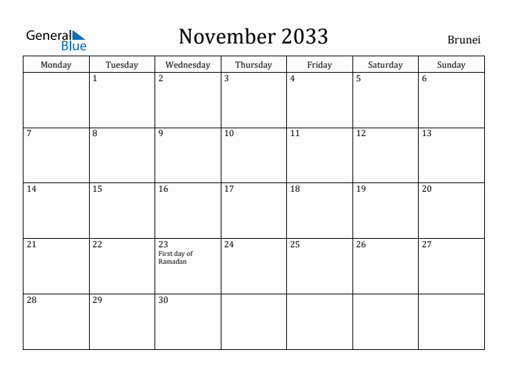 November 2033 Calendar Brunei
