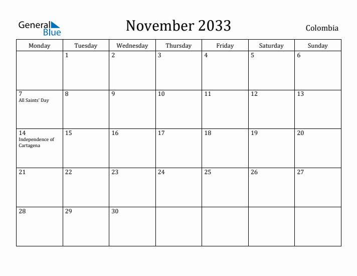 November 2033 Calendar Colombia