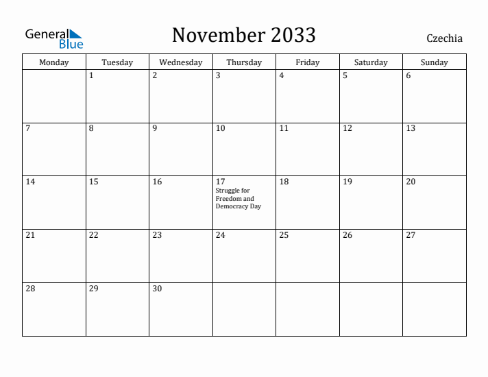 November 2033 Calendar Czechia