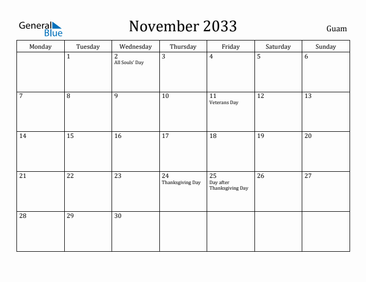 November 2033 Calendar Guam
