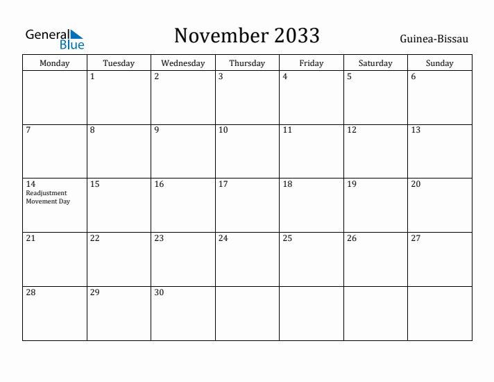 November 2033 Calendar Guinea-Bissau