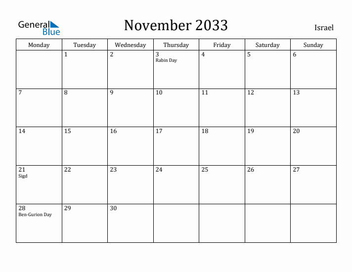 November 2033 Calendar Israel