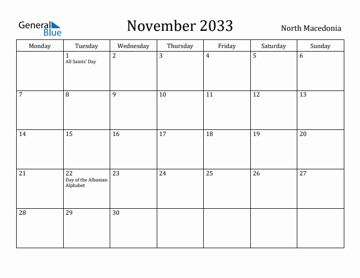 November 2033 Calendar North Macedonia