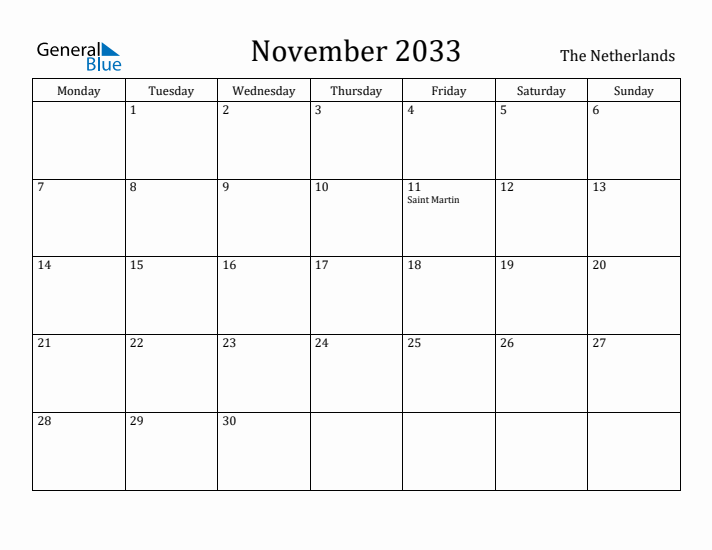 November 2033 Calendar The Netherlands