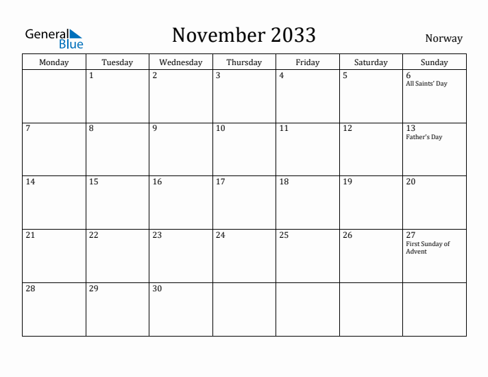 November 2033 Calendar Norway