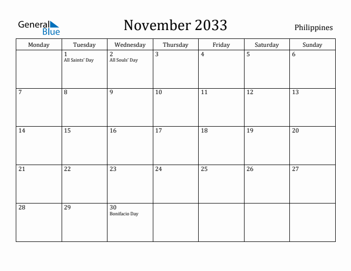 November 2033 Calendar Philippines
