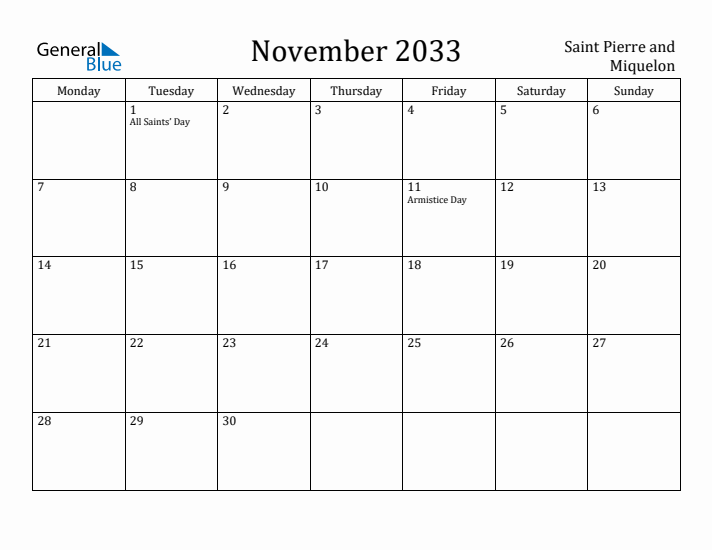 November 2033 Calendar Saint Pierre and Miquelon