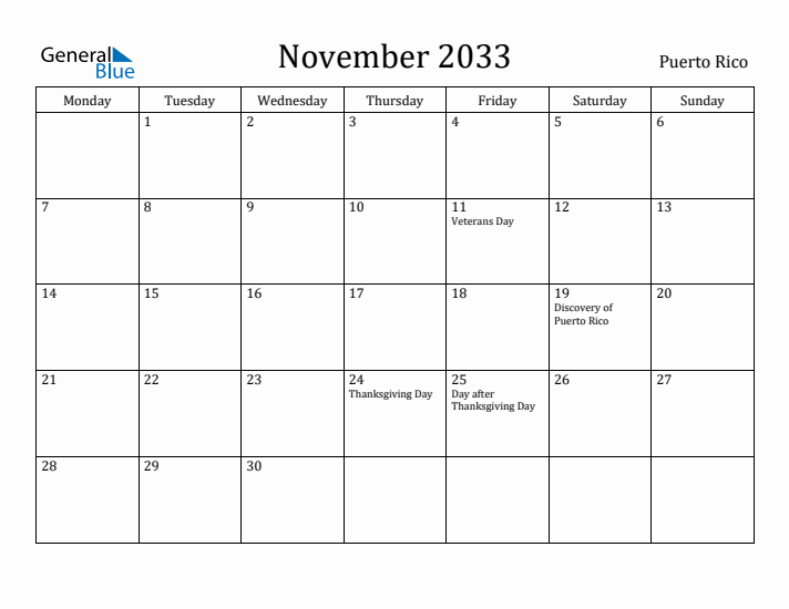 November 2033 Calendar Puerto Rico