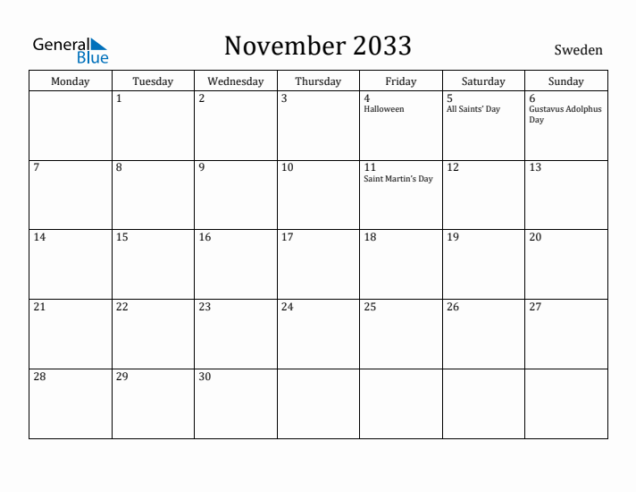 November 2033 Calendar Sweden
