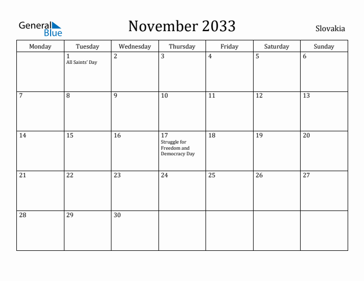 November 2033 Calendar Slovakia