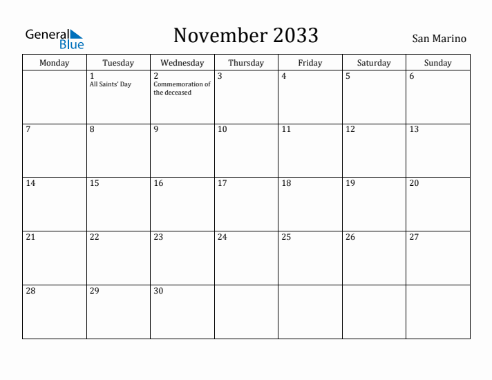 November 2033 Calendar San Marino