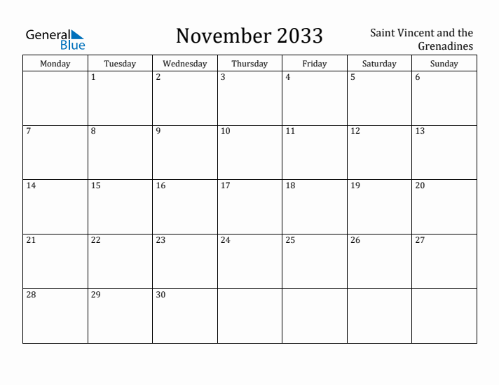 November 2033 Calendar Saint Vincent and the Grenadines