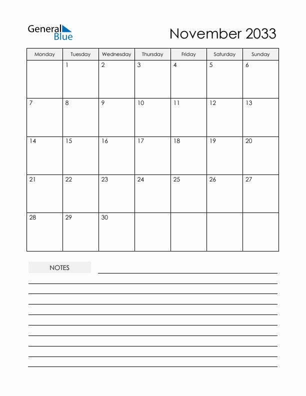 Printable Calendar with Notes - November 2033 