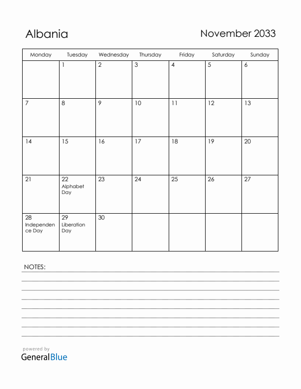 November 2033 Albania Calendar with Holidays (Monday Start)