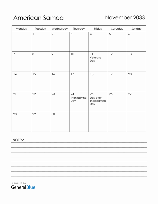 November 2033 American Samoa Calendar with Holidays (Monday Start)