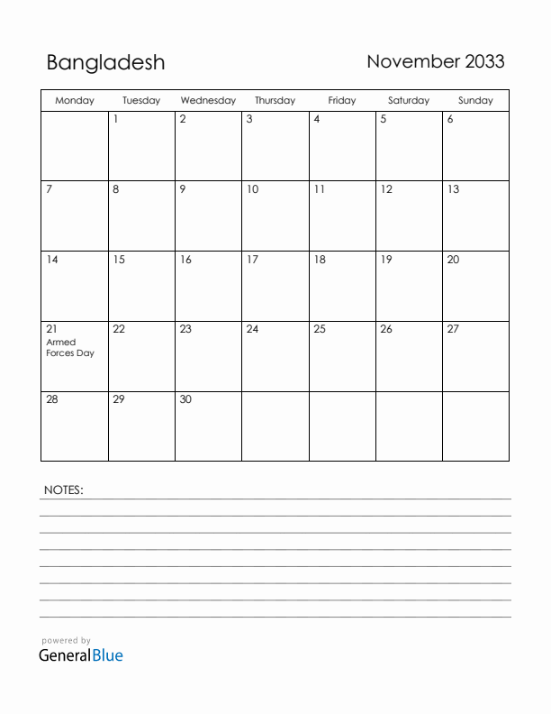 November 2033 Bangladesh Calendar with Holidays (Monday Start)