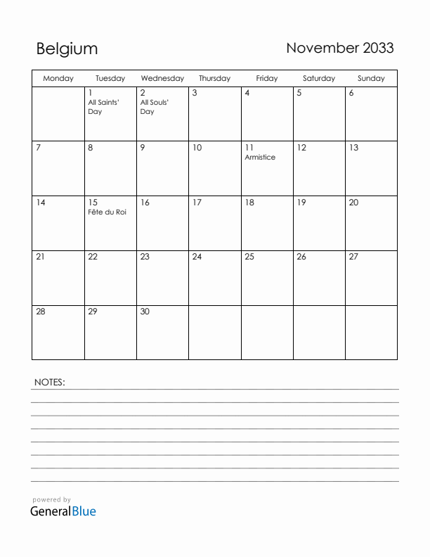 November 2033 Belgium Calendar with Holidays (Monday Start)