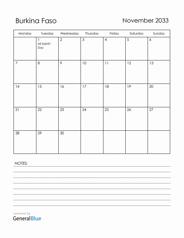 November 2033 Burkina Faso Calendar with Holidays (Monday Start)