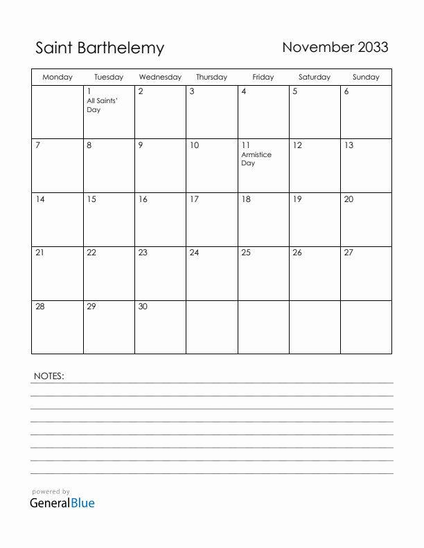 November 2033 Saint Barthelemy Calendar with Holidays (Monday Start)