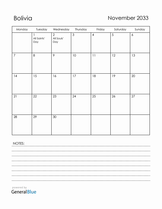 November 2033 Bolivia Calendar with Holidays (Monday Start)