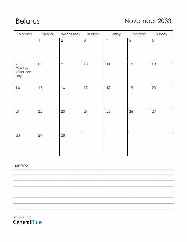 November 2033 Belarus Calendar with Holidays (Monday Start)