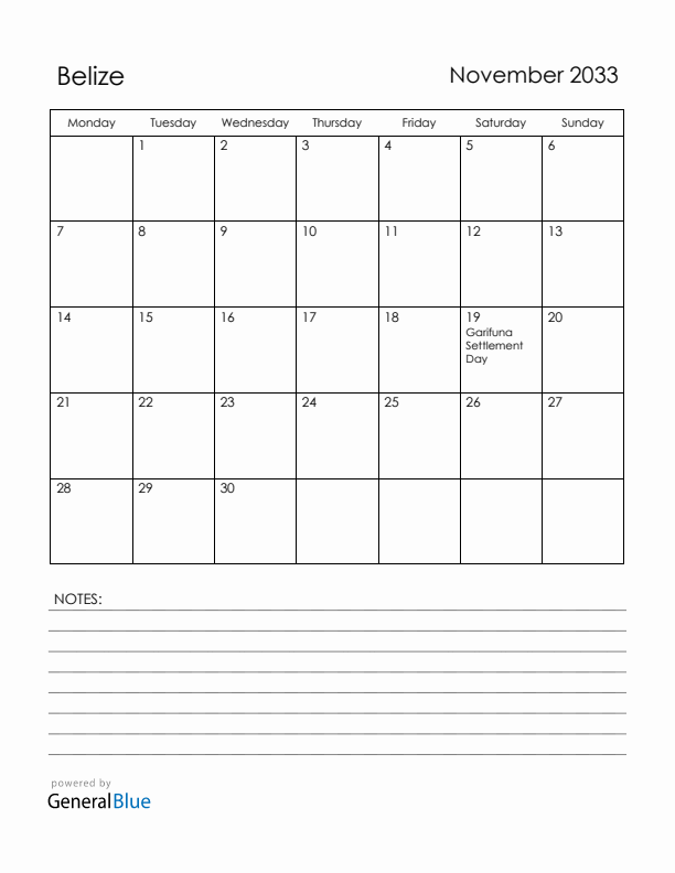 November 2033 Belize Calendar with Holidays (Monday Start)