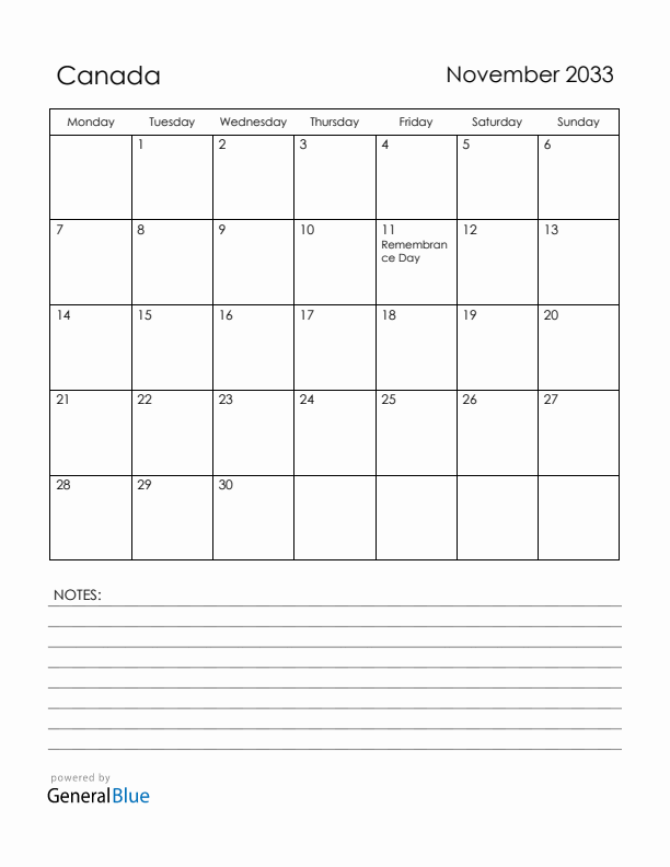 November 2033 Canada Calendar with Holidays (Monday Start)
