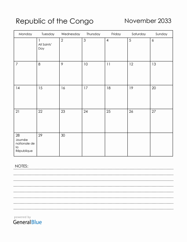 November 2033 Republic of the Congo Calendar with Holidays (Monday Start)