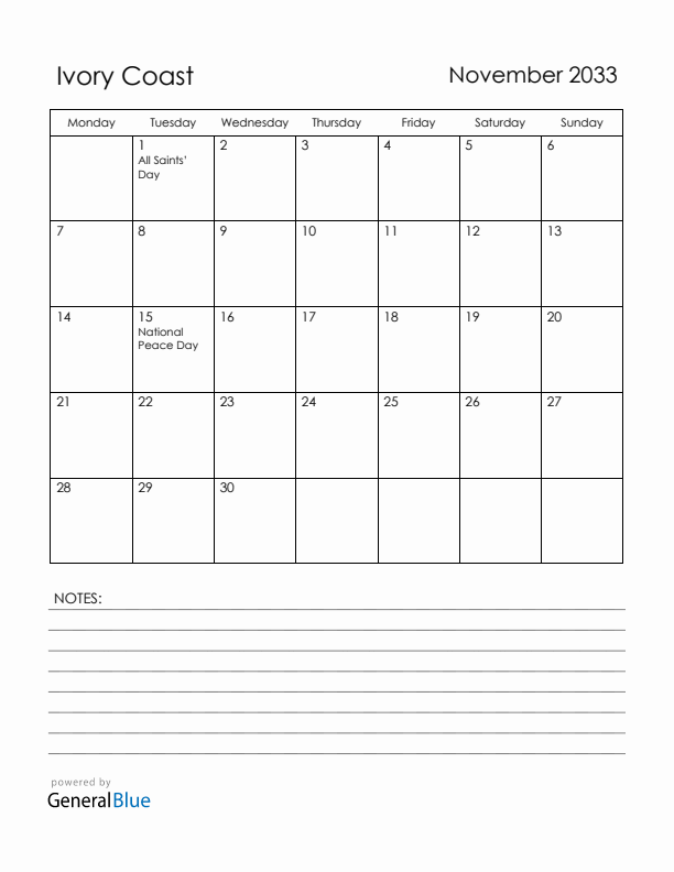 November 2033 Ivory Coast Calendar with Holidays (Monday Start)