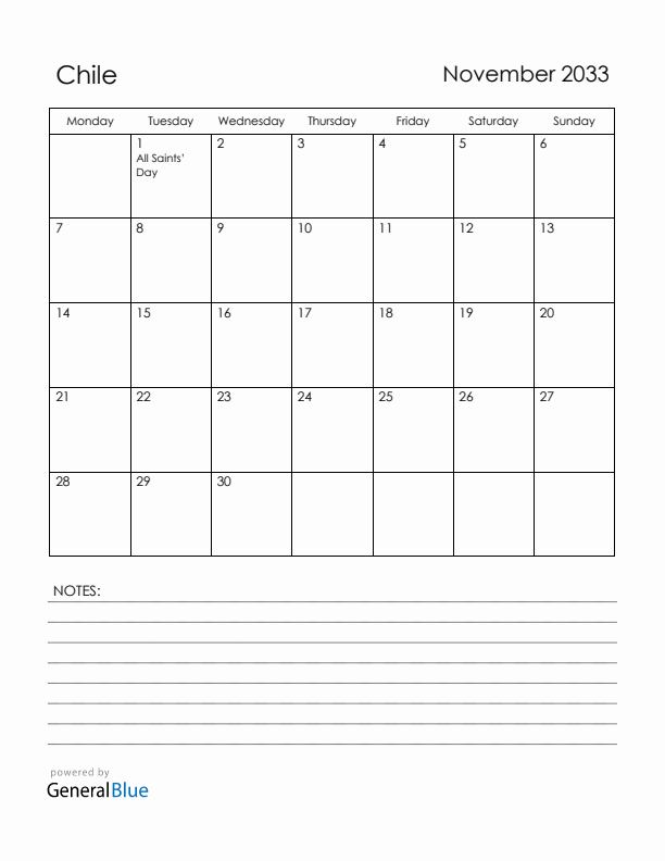 November 2033 Chile Calendar with Holidays (Monday Start)