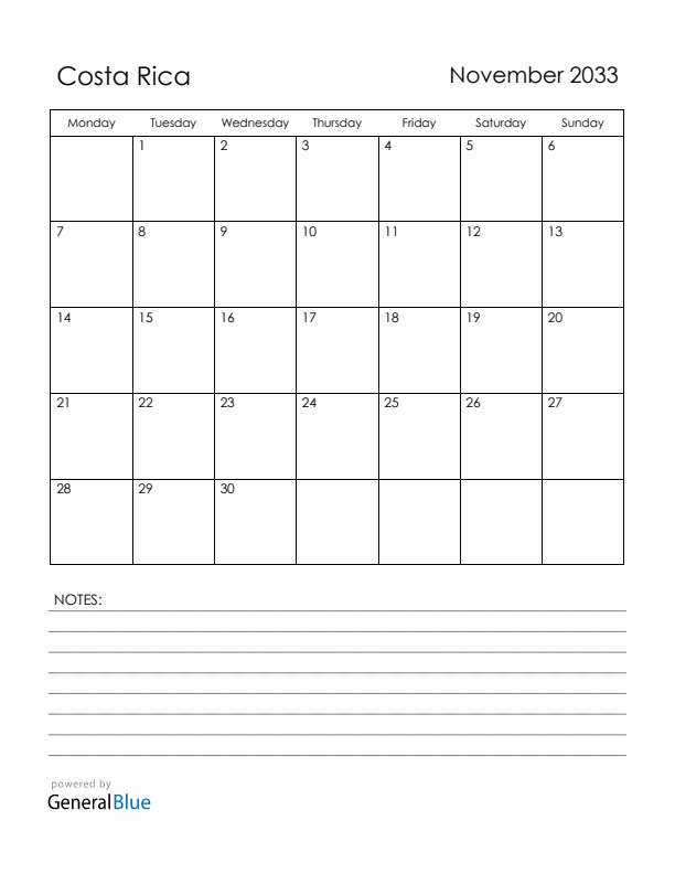 November 2033 Costa Rica Calendar with Holidays (Monday Start)