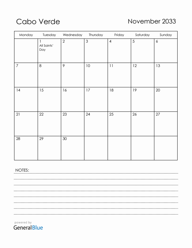 November 2033 Cabo Verde Calendar with Holidays (Monday Start)