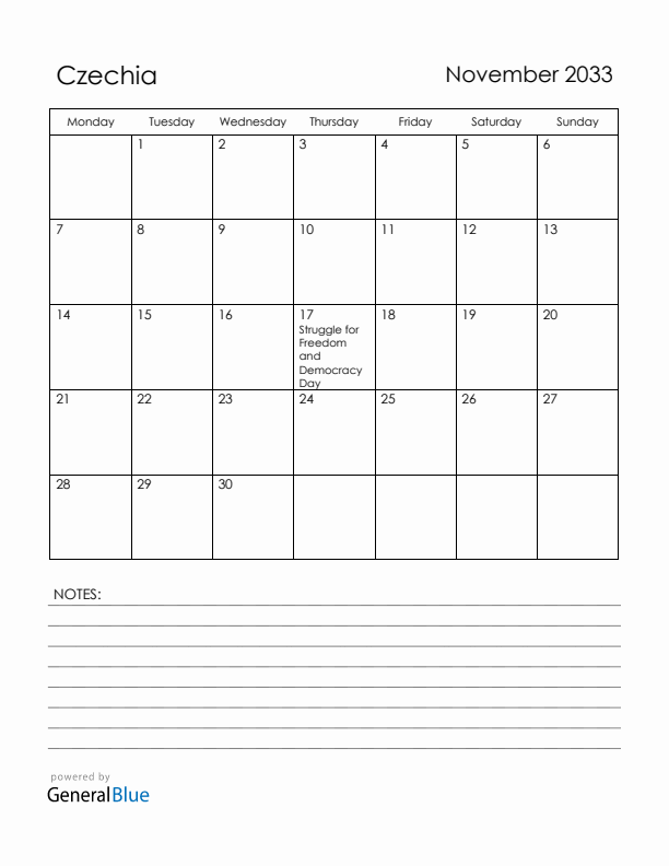 November 2033 Czechia Calendar with Holidays (Monday Start)