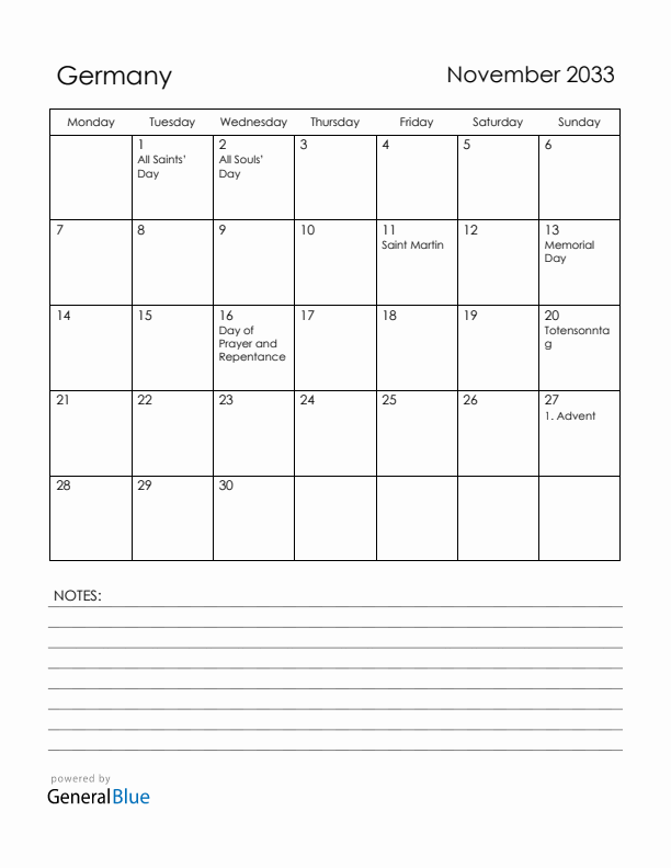 November 2033 Germany Calendar with Holidays (Monday Start)